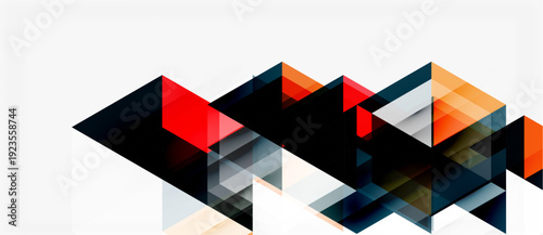 Abstract geometric composition. Overlapping triangles create dynamic visual effect. Red, black, orange hues dominate neutral background.