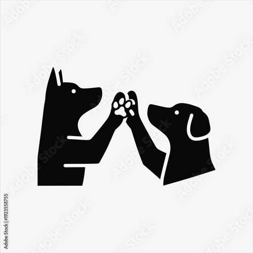 Canine High-Five: A minimalist silhouette of two canine companions celebrating unity. Featuring a paw-to-paw high-five symbolizes friendship and teamwork, which are ideal to use in design, decoration.