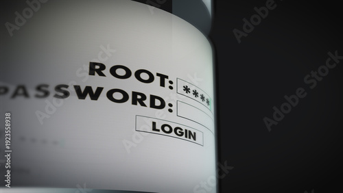 Tableau sur toile Cinematic close view of a login interface displaying root access and password fields on a curved digital screen, representing cybersecurity, hacking risks and data protection concepts