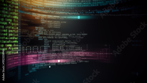 Immersive tunnel of source code and command lines glowing in multiple colors, representing data processing, programming environments and futuristic tech infrastructure.