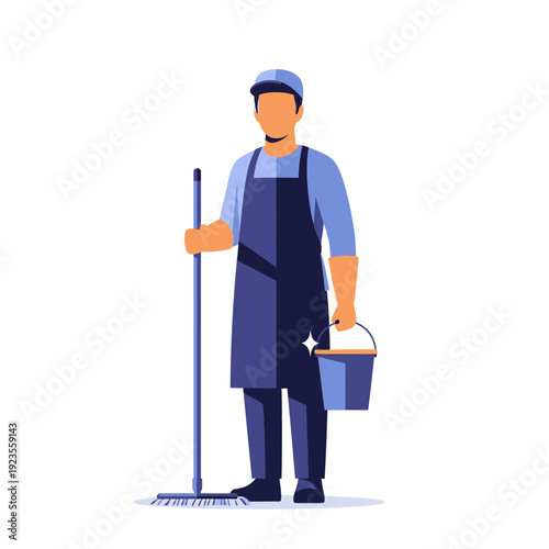 Professional cleaner with mop and bucket, ready for work