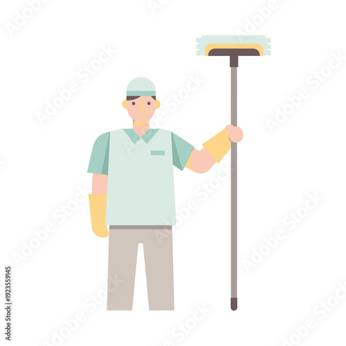 Professional cleaner with mop, uniform, gloves, cleaning service, hygiene, housekeeping, janitor