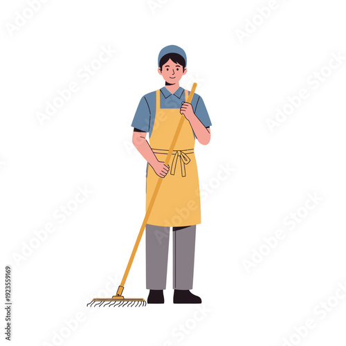 Janitor Sweeping Floor with Broom, Professional Cleaner in Apron