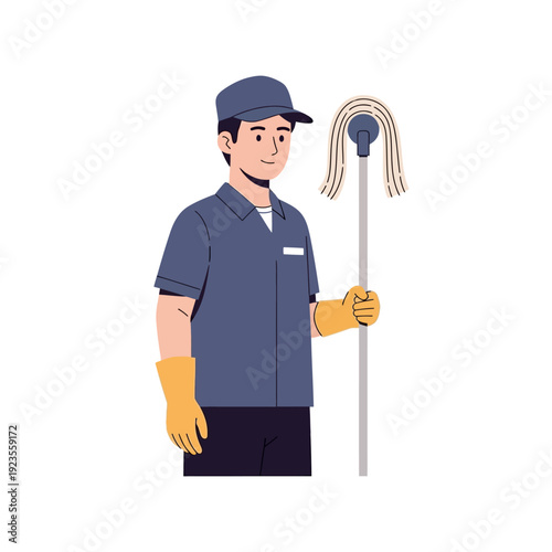Smiling cleaner man in uniform holding mop, ready for work