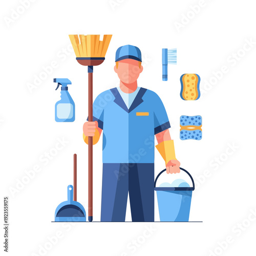 Professional cleaner with broom, bucket, and cleaning supplies, ready for work