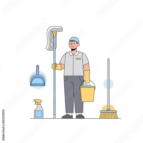 Professional cleaner with mop, broom, dustpan, spray bottle, and bucket