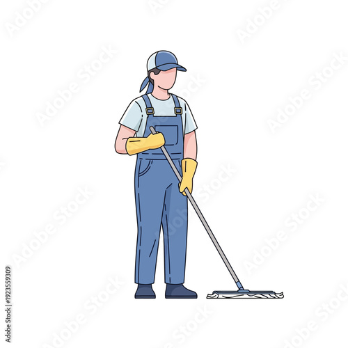 Cleaner in overalls and gloves mopping floor, professional cleaning service, hygiene concept