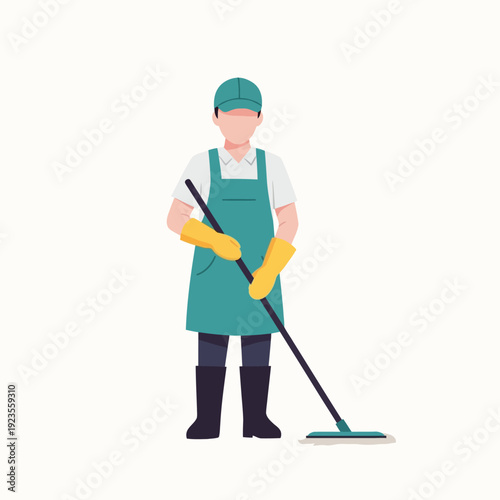 Cleaner in Apron and Gloves Mops Floor, Professional Cleaning Service