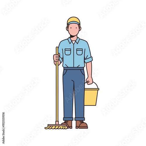 Janitor holding mop and bucket, ready for cleaning service