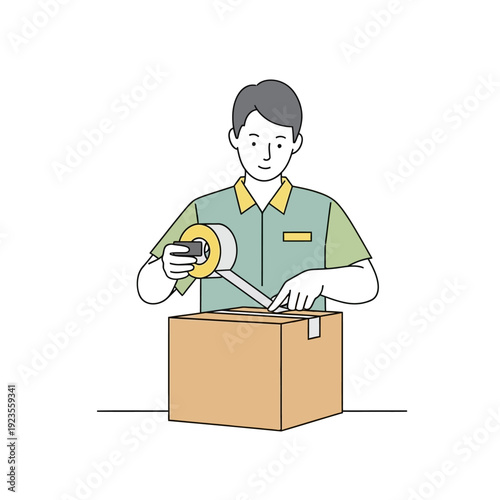 Delivery worker sealing a cardboard box with tape for shipping