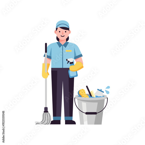 Professional cleaner woman with mop and cleaning supplies in bucket, ready to clean