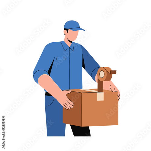 Delivery man sealing a package with tape, logistics and shipping service concept