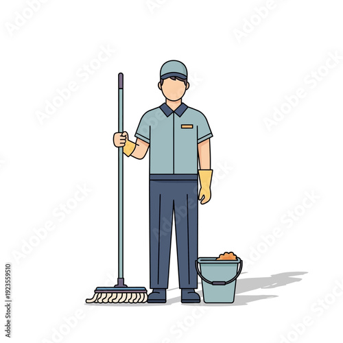Professional cleaner with mop and bucket, ready for work, uniform, cleaning service