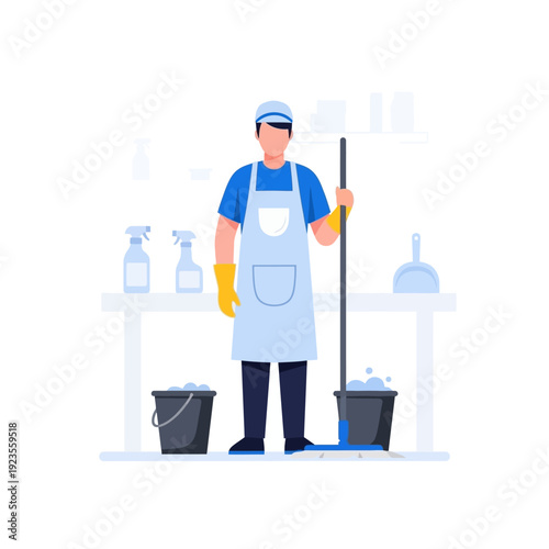 Professional cleaner with mop and bucket, cleaning supplies and equipment in background