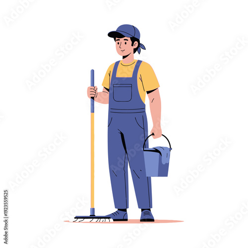 Janitor with Mop and Bucket, Cleaning Professional Ready for Work