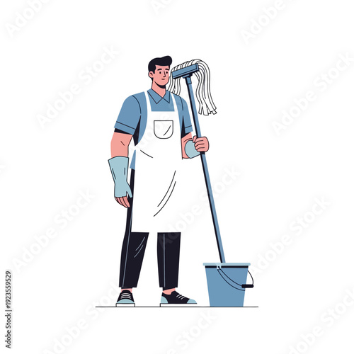 Professional cleaner with mop and bucket, ready for household chores and sanitation tasks.