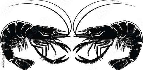 Black shrimp silhouette icon set with two prawns facing each other underwater seafood crustacean cad drawing flat vector illustration medical icon, animal
