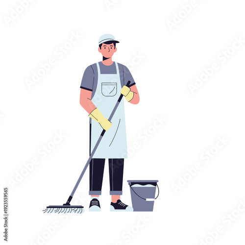 Professional cleaner with mop and bucket, cleaning floor, hygiene and janitorial service concept