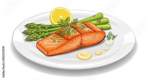 Flat lay illustration of grilled salmon fillets with asparagus and lemon on a white plate