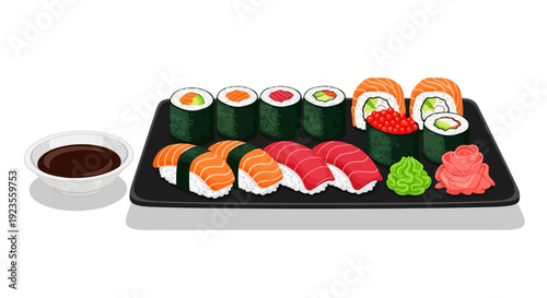 Assorted sushi rolls and sashimi on a black plate with soy sauce