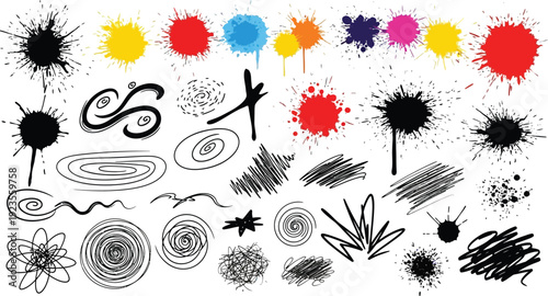 Collection of diverse grunge ink splatters colorful paint blots and abstract hand drawn doodle elements isolated on white background for artistic projects.