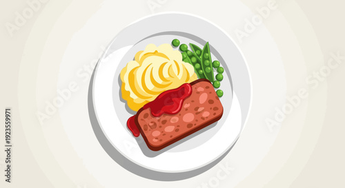 Flat lay illustration of a plate with sausage, mashed potatoes, and green beans on a beige background.