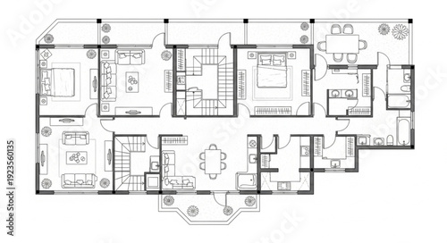 Detailed architectural blueprint showcasing the layout of a residential house with multiple rooms and features.