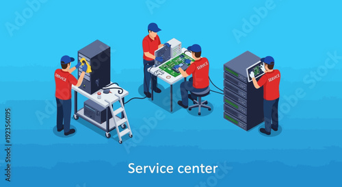 Illustration of technicians working at a service center with computer equipment and machinery