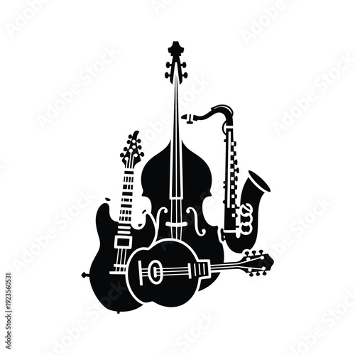 Musical Instruments Silhouette: A stylized monochrome image showcases a collection of musical instruments, a celebration of the sonic arts. Featuring a guitar, double bass, a saxophone.