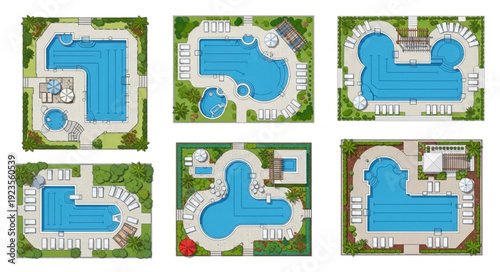 Various swimming pool designs and layouts for residential and commercial use, top view.