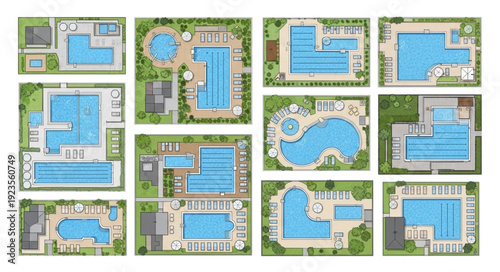 Aerial view of various swimming pool designs and layouts for residential properties.