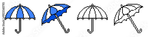 Set editable pixel umbrella icon vector for retro weather apps. Ideal for symbolizing 8-bit protection, digital climate tracking, and arcade style rain defense.