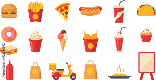 Fast food and delivery vector icon collection. Includes burger, fries, pizza, hot dog, soda, taco, donut, ice cream, fried chicken, milkshake, cupcake, sandwich, ketchup, paper bags, scooter