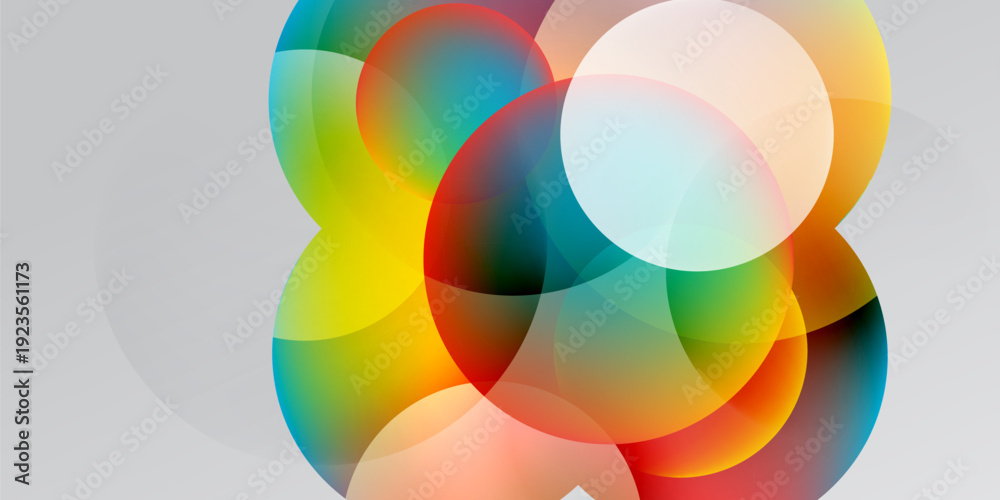 Fototapeta premium Colorful overlapping circles create abstract composition. Gradient hues blend, forming vibrant visual experience. Soft shadows enhance depth.