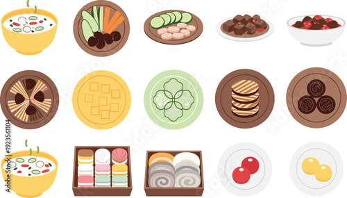 Traditional Korean Food Collection Vector Illustration Set Featuring Soup Kimchi Rice Cakes Pancakes Sushi Rolls and Side Dishes Isolated on White Background