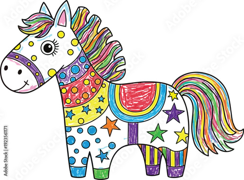 Adorable and colorful hand drawn whimsical horse illustration featuring vibrant rainbow mane and tail patterns against a clean white background for children's art projects.