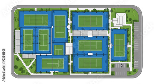 Aerial view of a tennis complex with multiple courts and facilities.