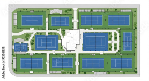 Aerial view of a tennis complex with multiple courts and surrounding greenery.