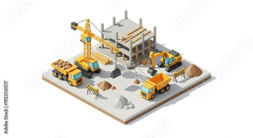 Construction Site Model with Crane and Trucks.