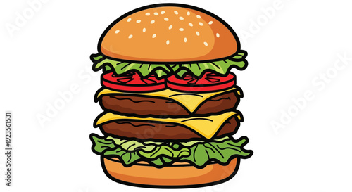A colorful cartoon illustration of a double cheeseburger on a white background.