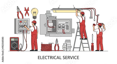 Illustration of technicians in red overalls servicing electrical equipment with tools and machinery in an industrial setting.