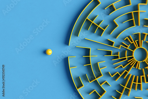 Yellow sphere entering complex circular maze challenge