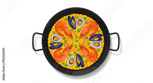 Overhead shot of a vibrant paella pan with colorful pattern on a plain white background.