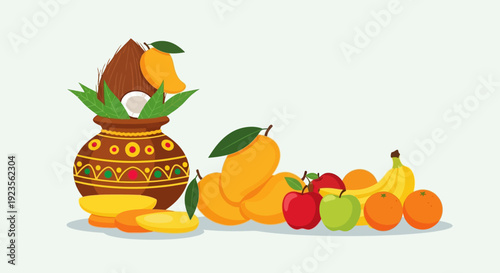 Vibrant Pongal Festival Illustration with Fruits and Pottery.