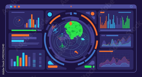 Futuristic data visualization dashboard with global analytics and statistics.
