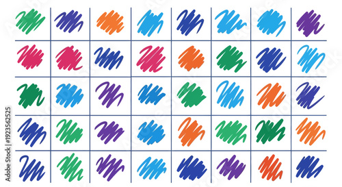 Colorful scribbles arranged in a grid pattern on a white background.