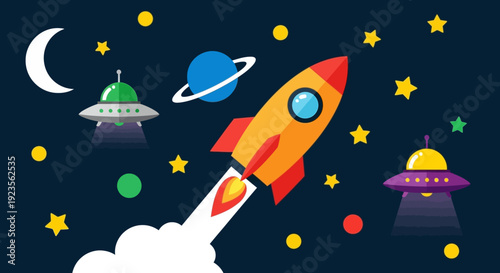 Vibrant cartoon rocket ship soaring through the cosmos with stars and planets.
