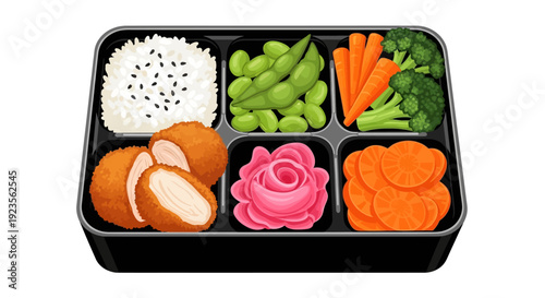 Bento box filled with rice, edamame, carrots, broccoli, chicken, salmon sashimi, and pickled ginger on a white background.