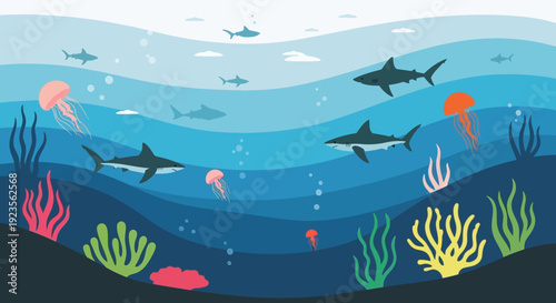 Underwater Scene with Marine Life and Coral Reef.