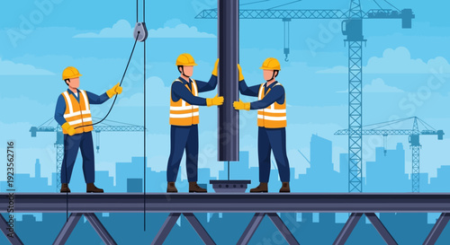 Three construction workers installing a steel beam on a building site with cityscape background